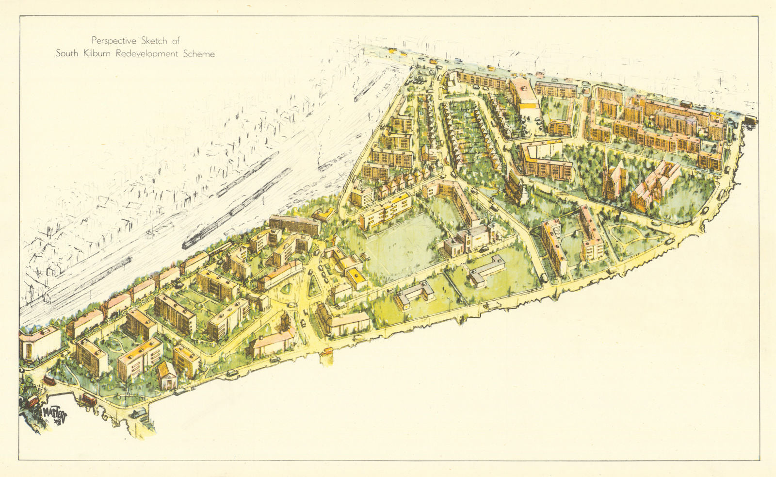 Perspective Sketch of South Kilburn Redevelopment Scheme 1950 old vintage map